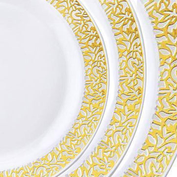 Convenient and Elegant Gold Lace Rim White Plastic Plates