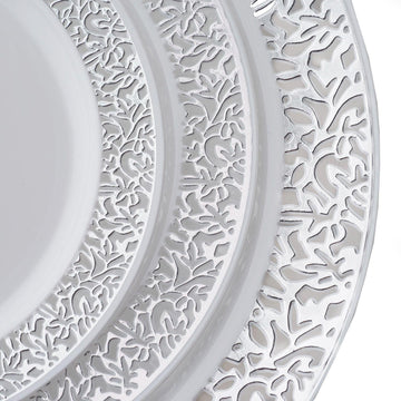 Dine in Style with Silver Lace Rim White Plastic Dessert Appetizer Plates