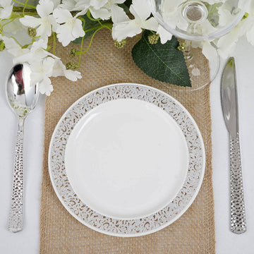 Elegant Silver Lace Rim White Plastic Dessert Appetizer Plates