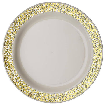 Elegant Gold Lace Rim Ivory Plastic Dinner Plates