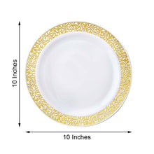 Dinner Plates With Fancy Gold Lace Rim In White Plastic 10 Inch Disposable 10 Pack