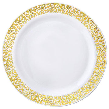 Elegant Gold Lace Rim White Plastic Dinner Plates