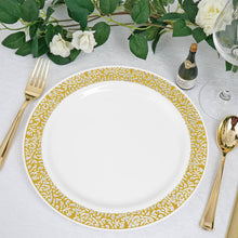 10 White Plastic 10 Inch Dinner Plates With Fancy Gold Lace Rim Disposable