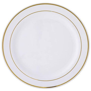 Très Chic Gold Rim White Plastic Dinner Plates