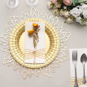 Add Glamour to Your Event Decor with Gold Basketweave Rim Plastic Dinner Plates