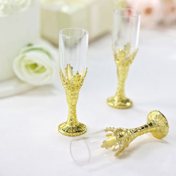 Elegant Gold Stem Clear Plastic Mini Champagne Flute Glasses