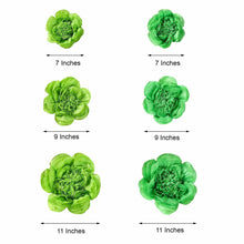 a set of floral paper flowers in mint and apple green color, shaped like peonies, with measurements between 7 and 11 inches