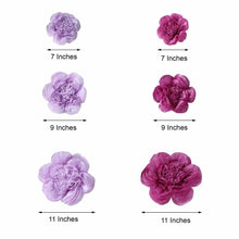 Floral backdrop décor: Different sizes of purple paper peony flowers including 7 inches, 9 inches, and 11 inches