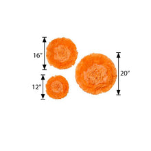 Three coral/orange paper flowers in the shape of a flower with measurements of 16, 12, and 20 inches - perfect for floral backdrop décor, large floral décor, and wall decals.