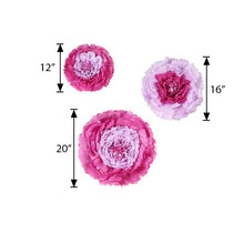 Floral Backdrop Décor - Three Different Sizes of Pink and Purple Paper Flowers with Measurements