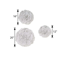 Three Giant White Paper Flowers with Measurements on a White Background