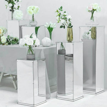 Set of 5 Silver Mirror Finish Acrylic Pedestal Risers, Display Boxes with Interchangeable Lid and Base 12",16",24",32",40"
