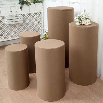 Elevate Your Event Decor with Taupe Spandex Cylinder Plinth Display Box Stand Covers