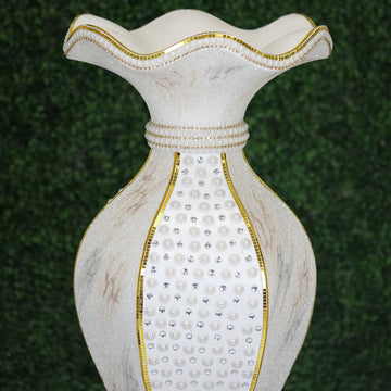 Shimmering Gold Glittered Marble Design Flower Pot Vase With Pearls and Mirror Mosaic Embellishment 40"