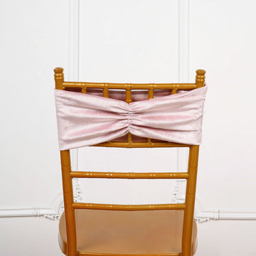 5 Pack Blush Velvet Ruffle Stretch Chair Sashes, Decorative Velvet Chair Bands