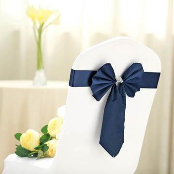 5 Pack Navy Blue Reversible Chair Sashes with Buckles, Double Sided Pre-tied Bow Tie Chair Bands Satin and Faux Leather