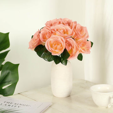 Peach Artificial Velvet-Like Fabric Rose Flower Bouquet Bush 12"