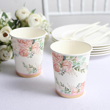 24 Pack Peony Flower Gold Foil Elegant Wedding Shower Paper Cups, Disposable Party Cups 9oz