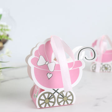 25 Pack Pink Baby Paper Stroller Party Favor Gift Boxes, Cardstock Carriage Candy Boxes with Ribbon Ties 4.5"x2"x4"