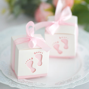 25 Pack Pink Footprint Baby Shower Party Favor Candy Gift Boxes 2"