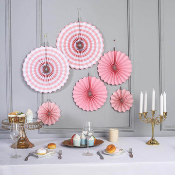 Set of 6 Pink Hanging Paper Fan Decorations, Pinwheel Wall Backdrop Party Kit 8", 12", 16"