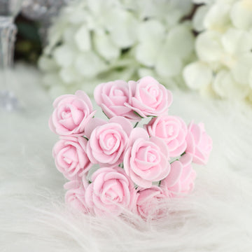 48 Roses Pink Real Touch Artificial DIY Foam Rose Flowers With Stem, Craft Rose Buds 1"