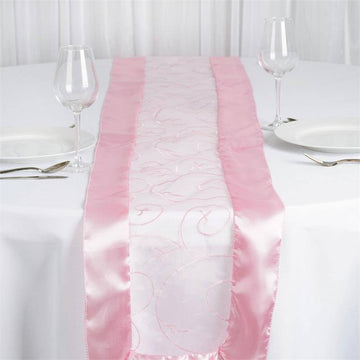 Elevate Your Table Setting with the Pink Satin Embroidered Sheer Organza Table Runner