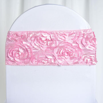 Elegant Pink Satin Rosette Spandex Stretch Chair Sashes