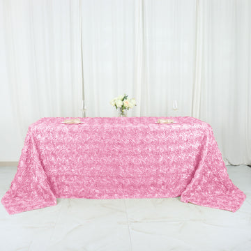 Elegant Pink Seamless Grandiose 3D Rosette Satin Rectangle Tablecloth 90"x132"