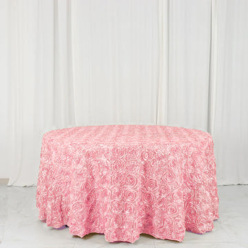 Pink Seamless Grandiose 3D Rosette Satin Round Tablecloth 120"