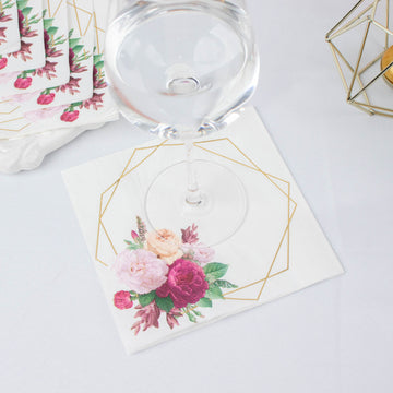 Elegant Soft White and Gold Hexagon Frame Floral Paper Napkins