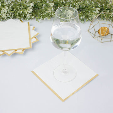50 Pack White Soft 2 Ply Paper Beverage Napkins with Gold Foil Edge, Disposable Cocktail Napkins - 6.5"x6.5"