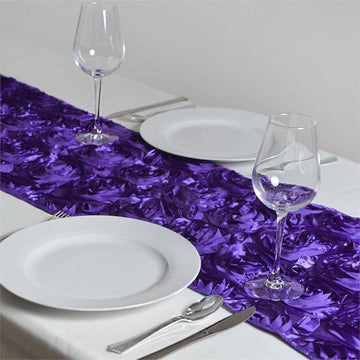 Enhance Your Table Decor with the Purple Grandiose Rosette Satin Table Runner