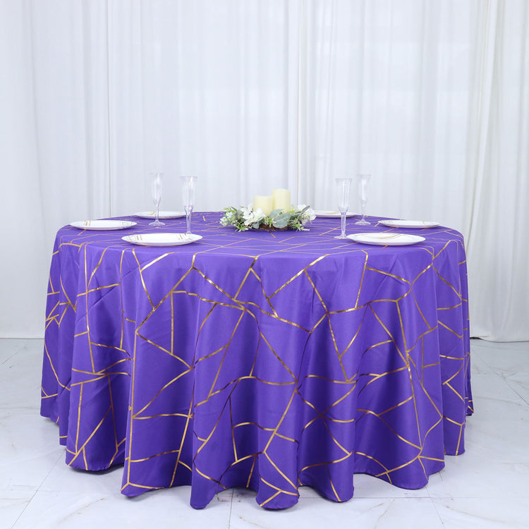 120 Inch Purple Round Polyester Tablecloth with Gold Foil Geometric Pattern