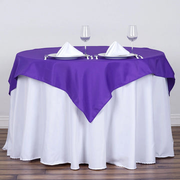 Add Elegance to Your Event with the Purple Square Seamless Polyester Table Overlay