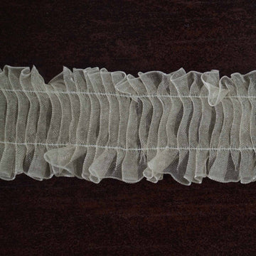 Elegant Ivory Insertion Ruffled Lace Trim On Satin Edged Organza Fabric