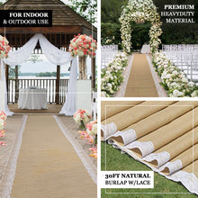 Aisle Runner With White Floral Lace Border Natural Jute Burlap 30 Feet