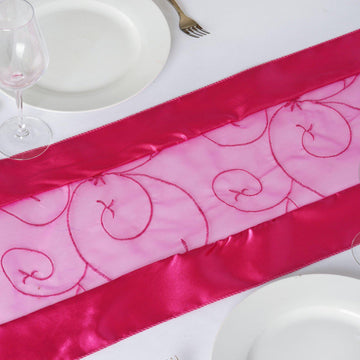 Durable and Easy to Maintain Fuchsia Satin Embroidered Sheer Organza Table Runner