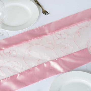 Add Elegance to Your Table Decor with the Pink Satin Embroidered Sheer Organza Table Runner