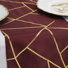 Gold Foil Geometric Pattern Table Runner 9 Feet in Burgundy Color
