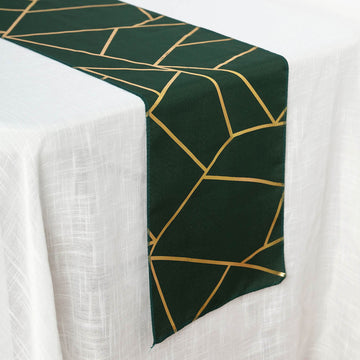 Elevate Your Table Decor with the Hunter Emerald Green / Gold Foil Geometric Pattern Polyester Table Runner 9ft