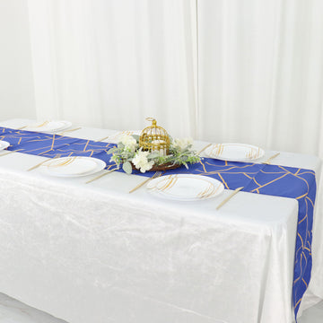 Enhance Your Table Décor with the Royal Blue With Gold Foil Geometric Pattern Table Runner 9ft