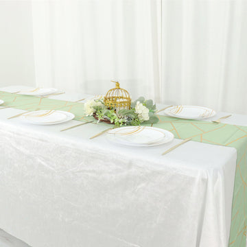 Create an Elegant and Festive Ambiance with the Sage Green With Gold Foil Geometric Pattern Table Runner 9ft