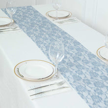 12 Inch x 108 Inch Dusty Blue Lace Table Runner With Rose Flowers
