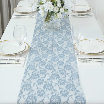 Add Elegance to Your Table with the Dusty Blue Vintage Rose Flower Lace Table Runner