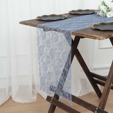 Elevate Your Decor with the Dusty Blue Vintage Rose Flower Lace Table Runner
