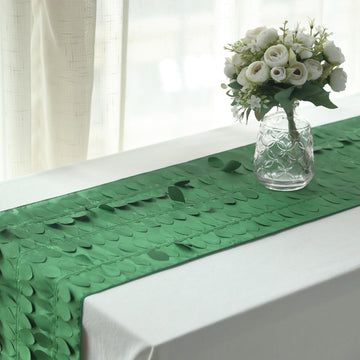 Create Unforgettable Tablescapes with the Green 3D Leaf Petal Taffeta Fabric Table Runner
