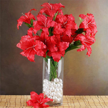 6 Bushes Red Artificial High Quality Silk Lily Flowers