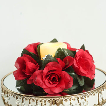 Add a Touch of Elegance with Red Artificial Silk Rose Flower Candle Ring