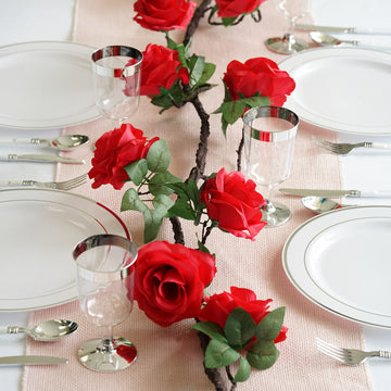 Red Artificial Silk Rose Hanging Flower Garland, Faux Vine 6ft